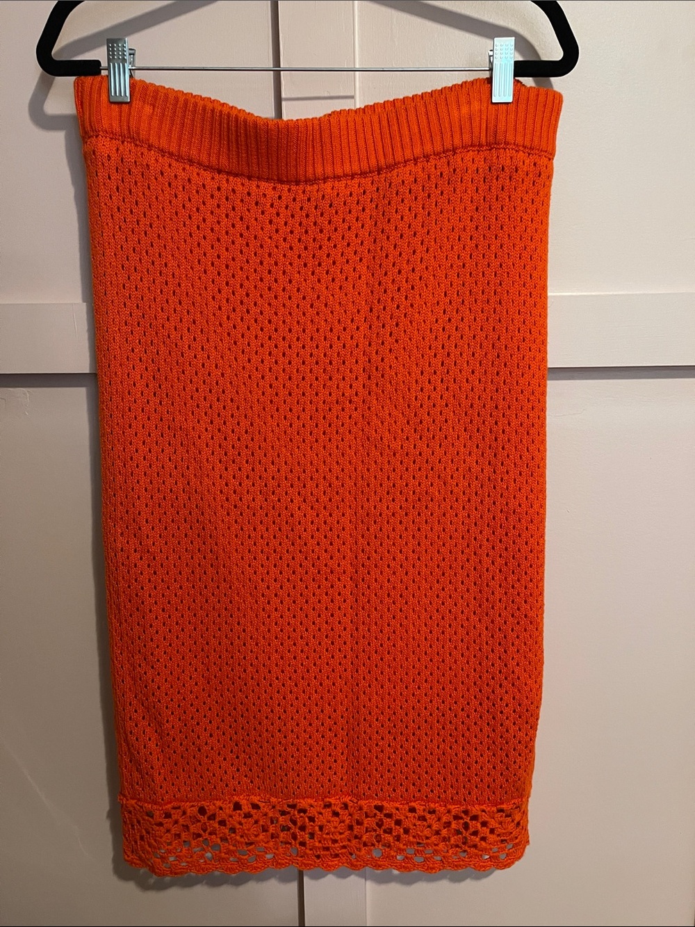 BCBGeneration Orange Knit Midi Skirt with Crochet Hem